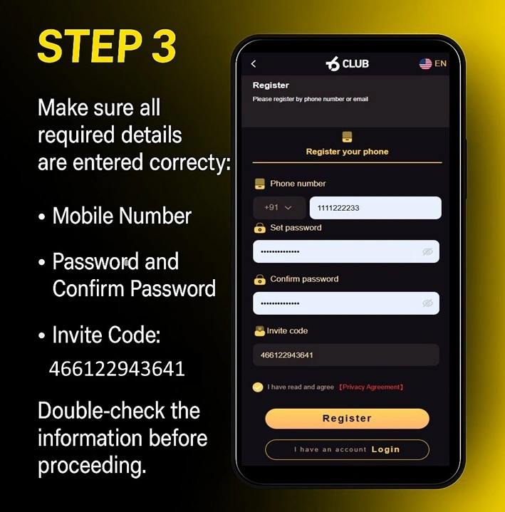 Enter Mobile Number and Verify OTP for 6Club Registration